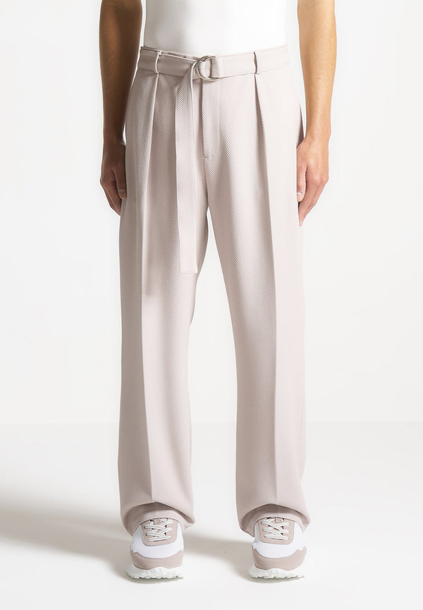 Louis - Relaxed Fit Textured Belted Tailored Trousers - Stone