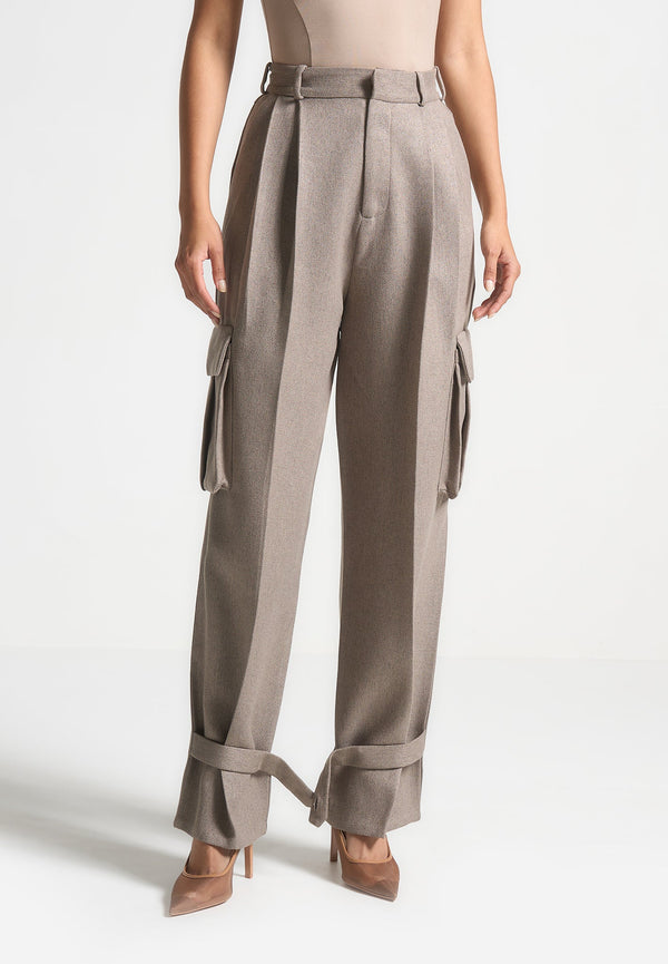 Danielle - Textured Tailored Pleated Cargo Trousers - Taupe