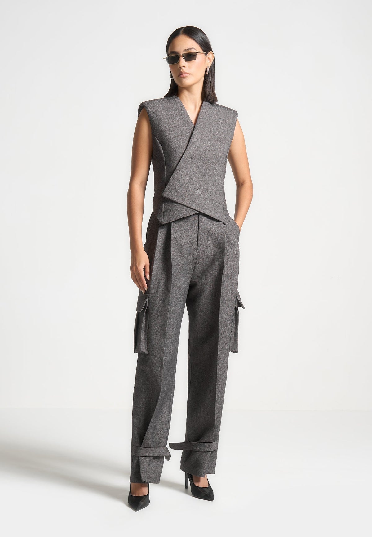 Danielle - Textured Tailored Pleated Cargo Pants - Grey Marl