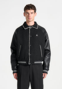 Tweed & Leather Varsity Jacket - Black