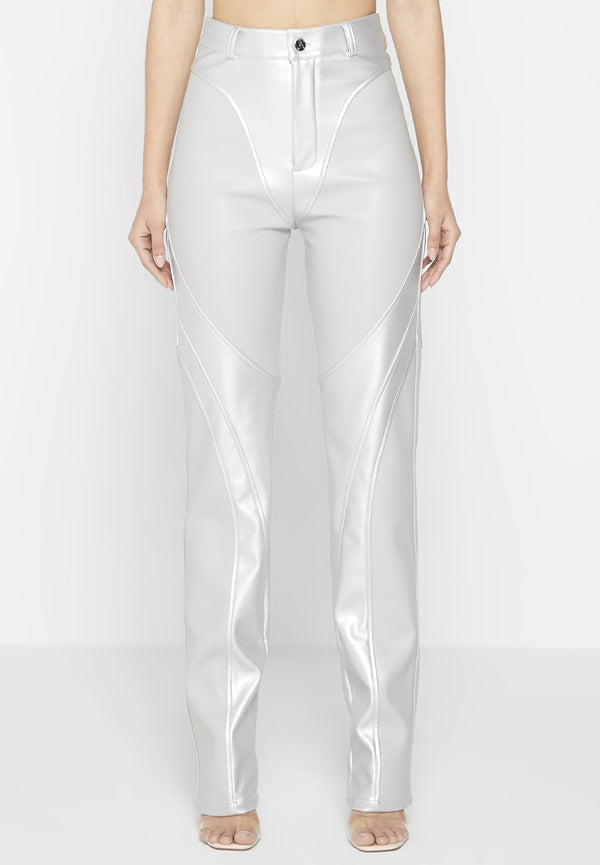 Leather Metallic Trousers - Silver