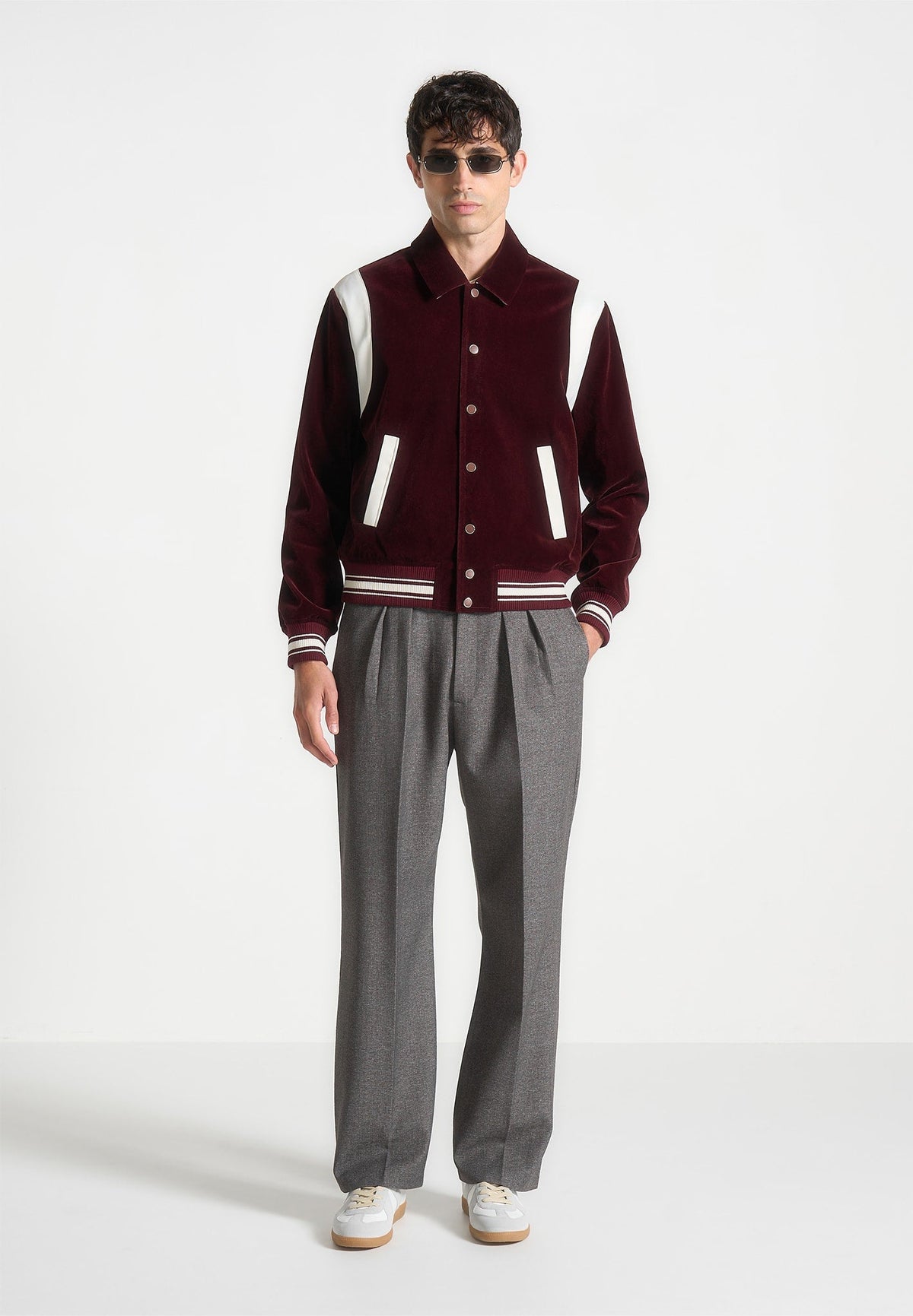 Nico - Velvet & Satin Varsity Jacket - Wine Red